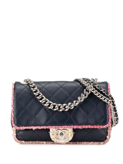 Pre-owned Chanel 2019 Quilted Lambskin And Tweed Elegant Trim Flap Satchel In Blue