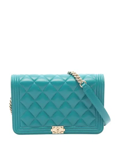 Pre-owned Chanel 2019 Quilted Lambskin Boy Wallet On Chain Crossbody Bag In Blue