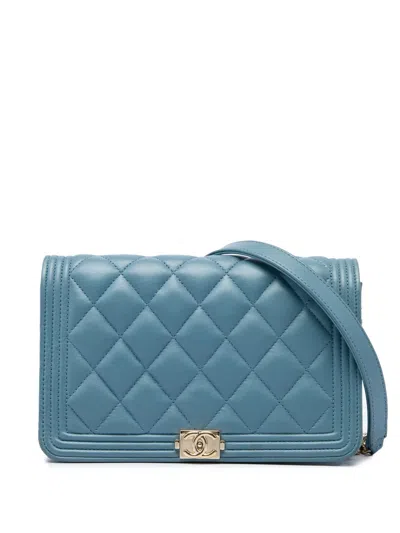 Pre-owned Chanel 2019 Quilted Lambskin Boy Wallet On Chain Crossbody Bag In Blue