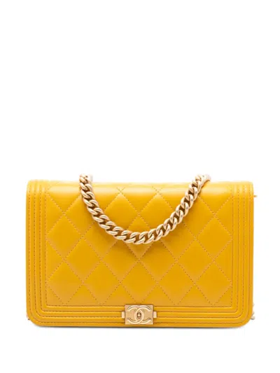 Pre-owned Chanel 2019 Quilted Lambskin Boy Wallet On Chain Crossbody Bag In Yellow
