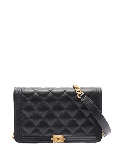 Pre-owned Chanel 2019 Quilted Lambskin Boy Wallet On Chain Shoulder Bag In Black