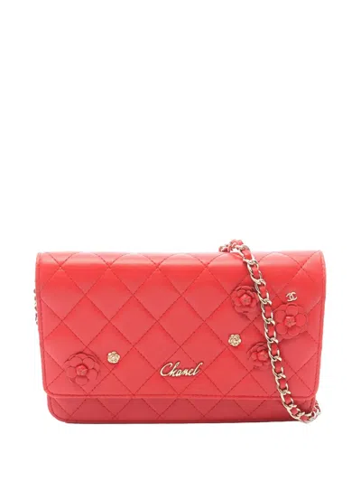 Pre-owned Chanel 2019 Quilted Lambskin Camellia Charms Wallet On Chain Crossbody Bag In Red