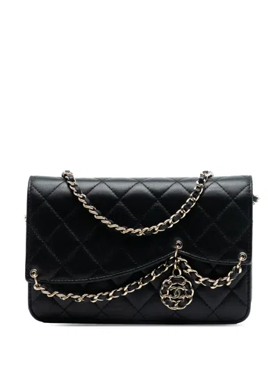 Pre-owned Chanel 2019 Quilted Lambskin Cc Charm Wallet On Chain Crossbody Bag In Black