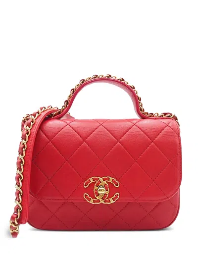 Pre-owned Chanel 2019 Quilted Lambskin Chain Infinity Top Handle Bag Satchel In Red