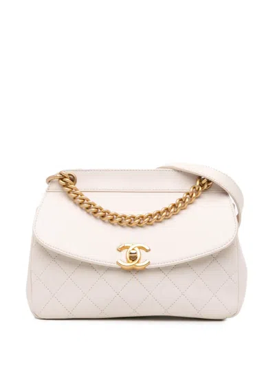 Pre-owned Chanel 2019 Quilted Lambskin Curved Flap Satchel In White