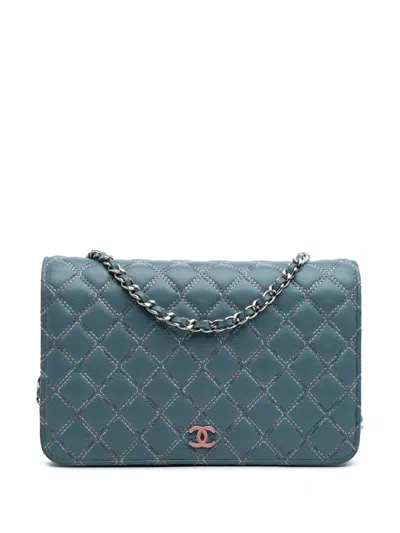 Pre-owned Chanel 2019 Quilted Lambskin Double Stitch Wallet On Chain Crossbody Bag In Blue