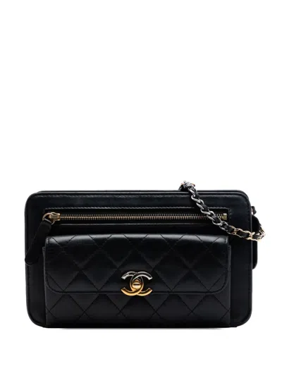 Pre-owned Chanel 2019 Quilted Lambskin Front Pocket Clutch With Chain Shoulder Bag In Black