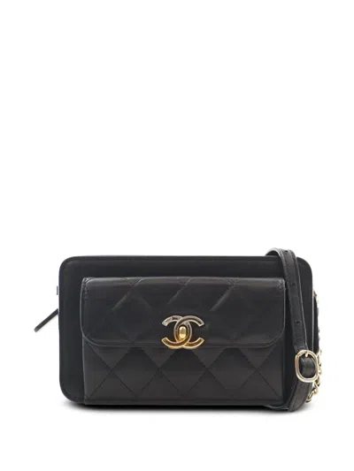Pre-owned Chanel 2019 Quilted Lambskin Front Pocket Clutch With Chain Shoulder Bag In Black