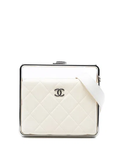 Pre-owned Chanel 2019 Quilted Lambskin Metal Bar Convertible Clutch Satchel In White