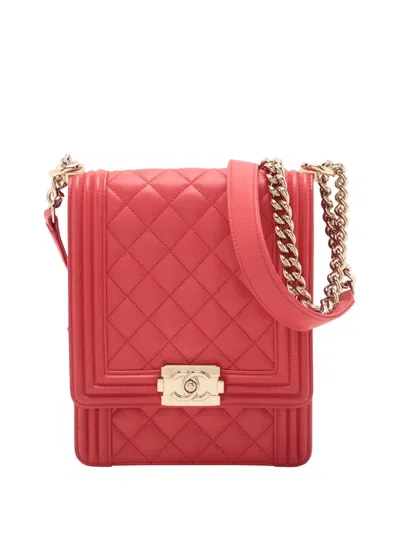 Pre-owned Chanel 2019 Quilted Lambskin North South Boy Flap Crossbody Bag In Red