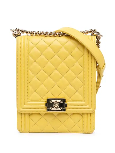 Pre-owned Chanel 2019 Quilted Lambskin North South Boy Flap Crossbody Bag In Yellow