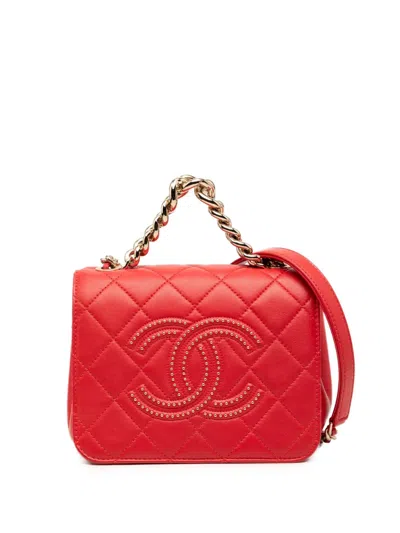 Pre-owned Chanel 2019 Quilted Lambskin Studded Beauty Begins Flap Satchel In Red