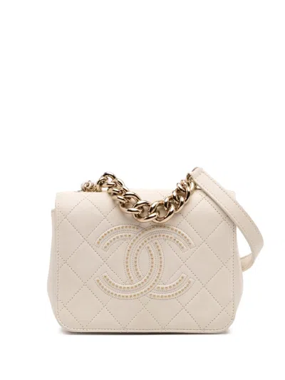 Pre-owned Chanel 2019 Quilted Lambskin Studded Beauty Begins Flap Satchel In White