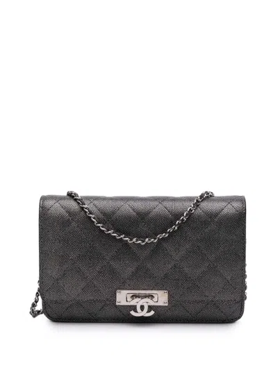 Pre-owned Chanel 2019 Quilted Metallic Caviar Golden Class Wallet On Chain Crossbody Bag In Black