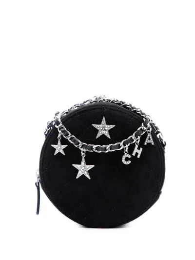 Pre-owned Chanel 2019 Quilted Suede Cocostellar Round Clutch With Chain Crossbody Bag In Black