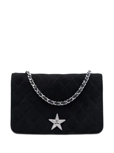 Pre-owned Chanel 2019 Quilted Suede Cocostellar Wallet On Chain Crossbody Bag In Black