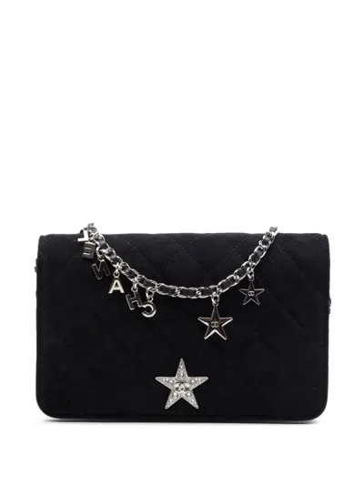 Pre-owned Chanel 2019 Quilted Suede Cocostellar Wallet On Chain Crossbody Bag In Black
