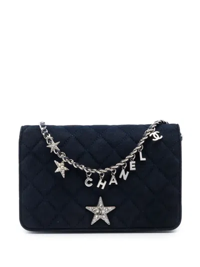 Pre-owned Chanel 2019 Quilted Suede Cocostellar Wallet On Chain Crossbody Bag In Blue