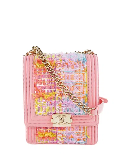 Pre-owned Chanel 2019 Quilted Tweed And Calfskin North South Boy Flap Crossbody Bag In Multi