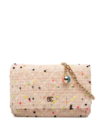 Pre-owned Chanel 2019 Quilted Tweed Candy Cotton And Beach Ball Wallet On Chain Crossbody Bag In Brown