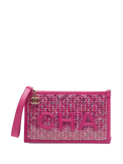 Pre-owned Chanel 2019 Quilted Tweed Pvc Logo Wristlet Clutch Bag In Pink