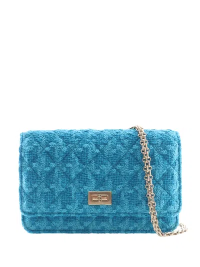 Pre-owned Chanel 2019 Quilted Tweed Reissue 2.55 Wallet On Chain Crossbody Bag In Blue