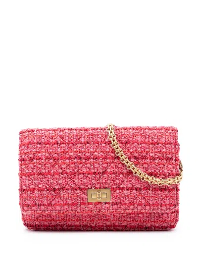 Pre-owned Chanel 2019 Quilted Tweed Reissue 2.55 Wallet On Chain Crossbody Bag In Pink
