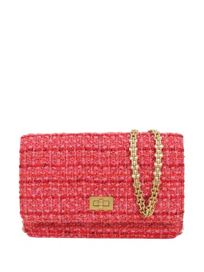 Pre-owned Chanel 2019 Quilted Tweed Reissue 2.55 Wallet On Chain Crossbody Bag In Red