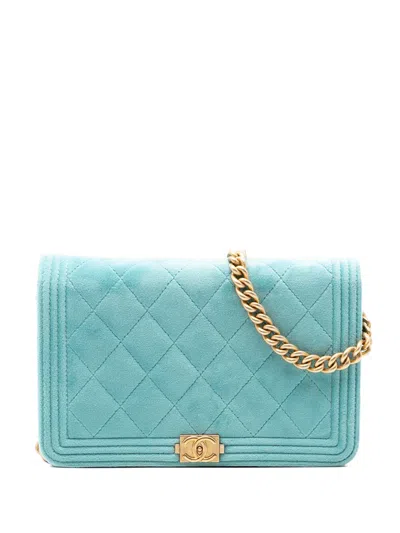 Pre-owned Chanel 2019 Quilted Velvet Boy Wallet On Chain Crossbody Bag In Blue