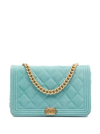 Pre-owned Chanel 2019 Quilted Velvet Boy Wallet On Chain Crossbody Bag In Blue