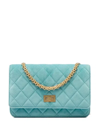 Pre-owned Chanel 2019 Quilted Velvet Reissue 2.55 Wallet On Chain Crossbody Bag In Blue
