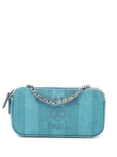 Pre-owned Chanel 2019 Raffia Deauville Double Zip Clutch With Chain Crossbody Bag In Blue
