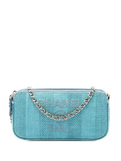 Pre-owned Chanel 2019 Raffia Deauville Double Zip Clutch With Chain Crossbody Bag In Blue