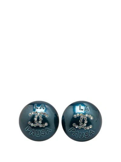 Pre-owned Chanel 2019 Resin Cc La Pausa Cc Crystal Push Back Earrings Costume Earrings In Blue