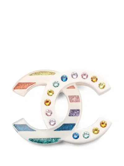 Pre-owned Chanel 2019 Rhinestone-embellished Coco Mark Brooch In White