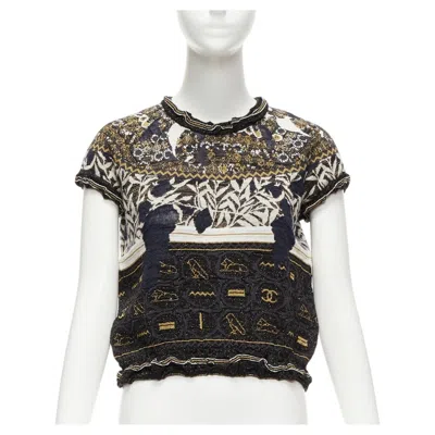 Pre-owned Chanel 2019 Runway Gold Egyptian Hieroglyphics Cc Logo Cap Sleeve Sweater Fr36 S In Gray