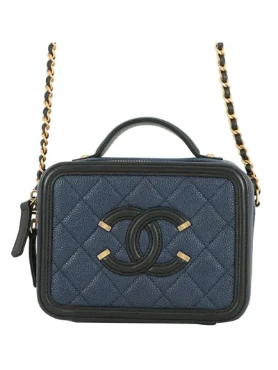 Pre-owned Chanel 2019 Small Bicolor Caviar Cc Filigree Vanity Case Satchel In Blue