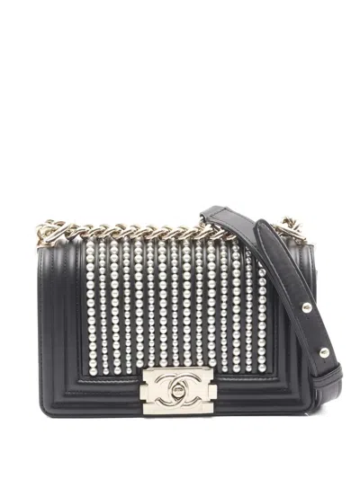 Pre-owned Chanel 2019 Small Boy Pearl-chain Shoulder Bag In Black