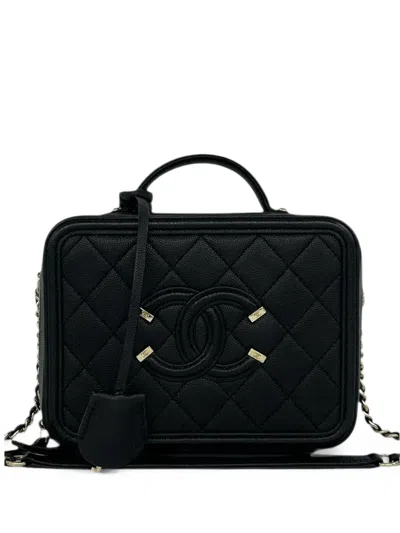 Pre-owned Chanel 2019 Small Caviar Cc Filigree Vanity Case Satchel In Black