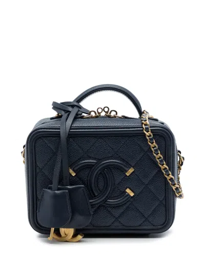 Pre-owned Chanel 2019 Small Caviar Cc Filigree Vanity Case Satchel In Blue