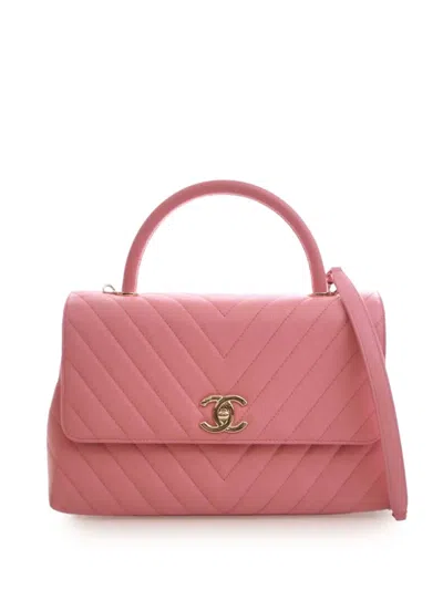 Pre-owned Chanel 2019 Small Caviar Chevron Coco Top Handle Bag Satchel In Pink