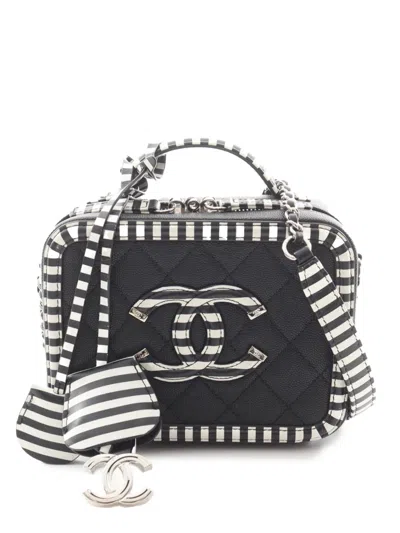 Pre-owned Chanel 2019 Small Caviar Striped Cc Filigree Case Vanity Bag In Black