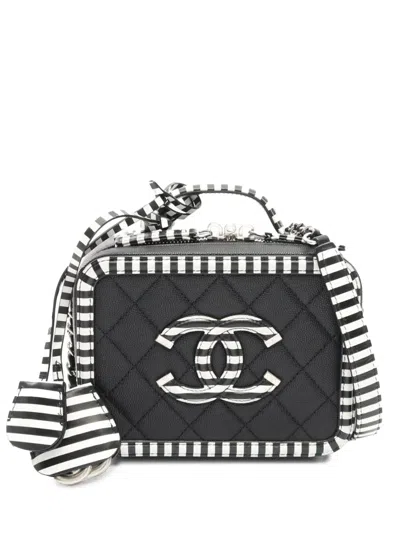 Pre-owned Chanel 2019 Small Caviar Striped Cc Filigree Case Vanity Bag In Black