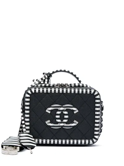Pre-owned Chanel 2019 Small Caviar Striped Cc Filigree Vanity Case Satchel In Black
