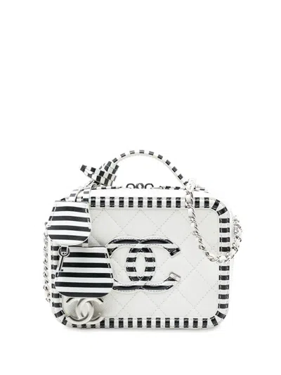 Pre-owned Chanel 2019 Small Caviar Striped Cc Filigree Vanity Case Satchel In White