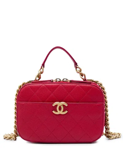 Pre-owned Chanel 2019 Small Cc Quilted Caviar Top Handle Camera Bag Satchel In Red