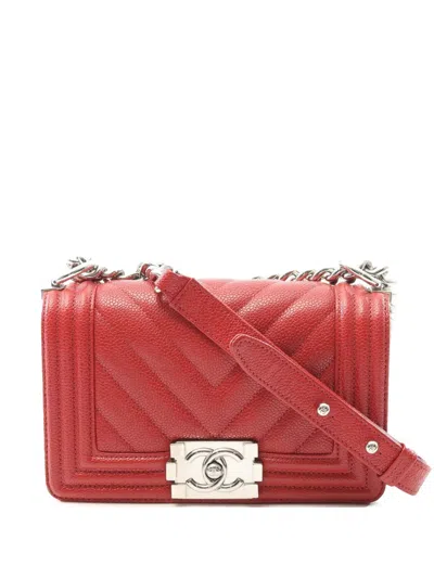 Pre-owned Chanel 2019 Small Chevron Caviar Boy Flap Crossbody Bag In Red