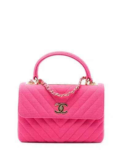 Pre-owned Chanel 2019 Small Chevron Jersey Trendy Cc Top Handle Flap Satchel In Pink
