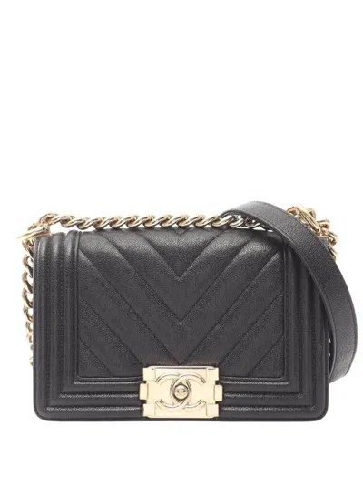 Pre-owned Chanel 2019 Small Chevron Lambskin Boy Flap Satchel In Black