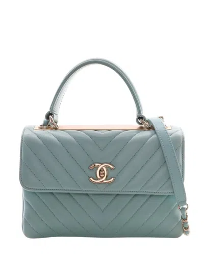 Pre-owned Chanel 2019 Small Chevron Lambskin Trendy Cc Top Handle Flap Satchel In Blue